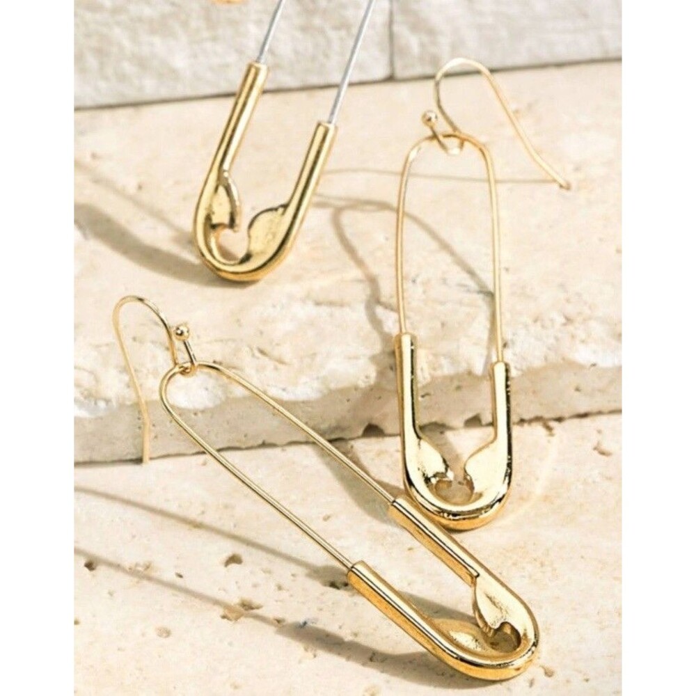 Safety Pin Dangle Earrings Gold Tone, 2"